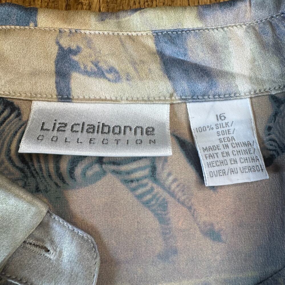 Liz Claiborne Button Down Shirt Blouse VTG Animal Safari 100% Silk Womens Sz 16 - Picture 2 of 5